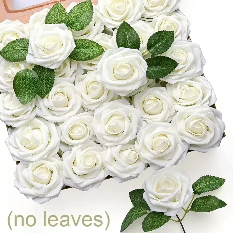 5/100pcs Artificial Fake Roses Heads with Stems Rose Flower and Green Leaves Valentine's Day Wedding Birthday Party Decoration