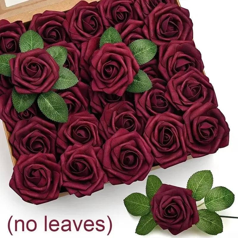 5/100pcs Artificial Fake Roses Heads with Stems Rose Flower and Green Leaves Valentine's Day Wedding Birthday Party Decoration