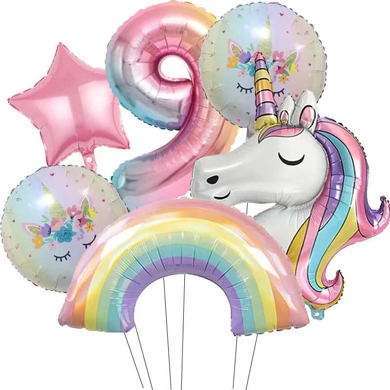 6pcs Rainbow Unicorn Aluminum Birthday Balloon Gradient Number Balloon Party Supplies Party Balloon Decoration Kit Baby Shower
