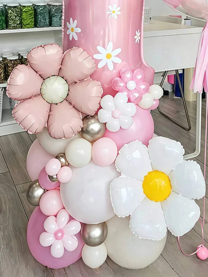 42pcs Daisy Pillar Balloon Set, Includes Oversized Pink Number Balloons, Sunflower Foil Balloons,For Birthday,Girls' Party