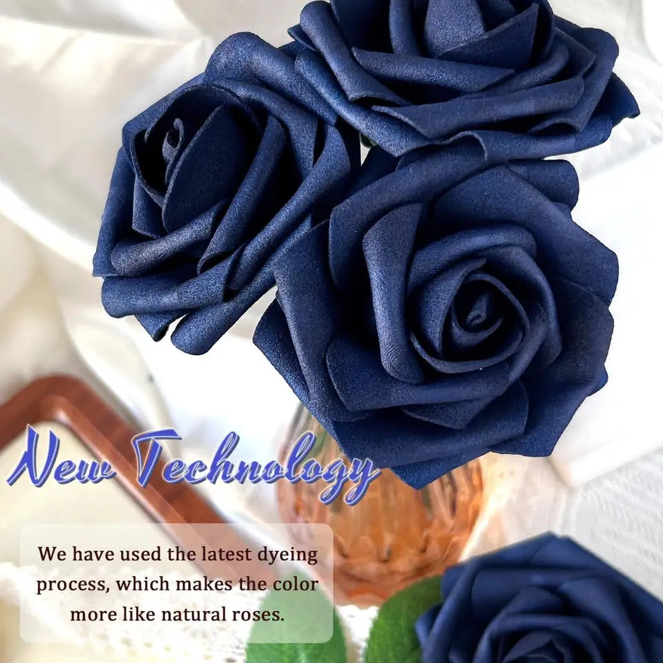 50pcs Navy Blue Artificial Flowers Decorations, Real Touch Foam Fake Rose with Stems 12 Leaves Real Looking Faux Roses f