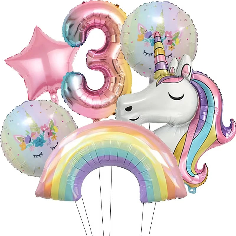6pcs Rainbow Unicorn Aluminum Birthday Balloon Gradient Number Balloon Party Supplies Party Balloon Decoration Kit Baby Shower