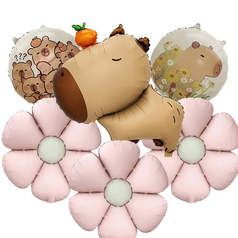 Cartoon Animal Capybara Flowers Aluminum Foil Balloon Set Child Birthday Party Decoration Foil Balloon Baby Shower Gift Supplies