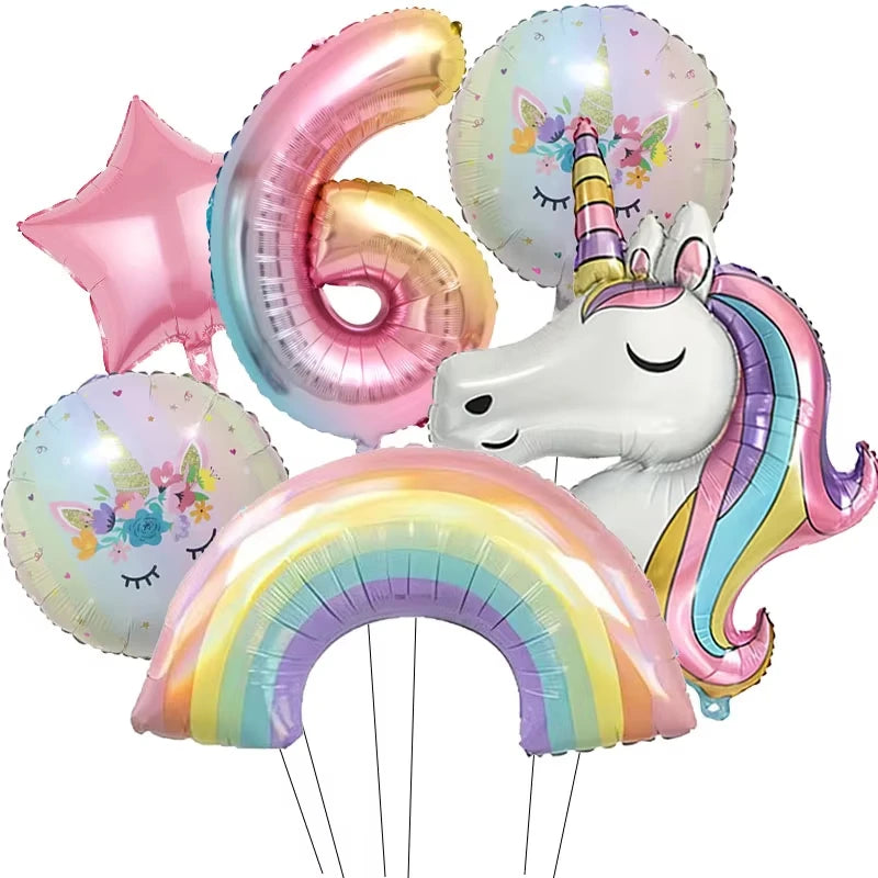 6pcs Rainbow Unicorn Aluminum Birthday Balloon Gradient Number Balloon Party Supplies Party Balloon Decoration Kit Baby Shower