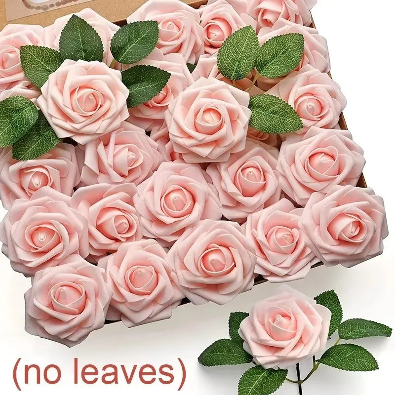 5/100pcs Artificial Fake Roses Heads with Stems Rose Flower and Green Leaves Valentine's Day Wedding Birthday Party Decoration