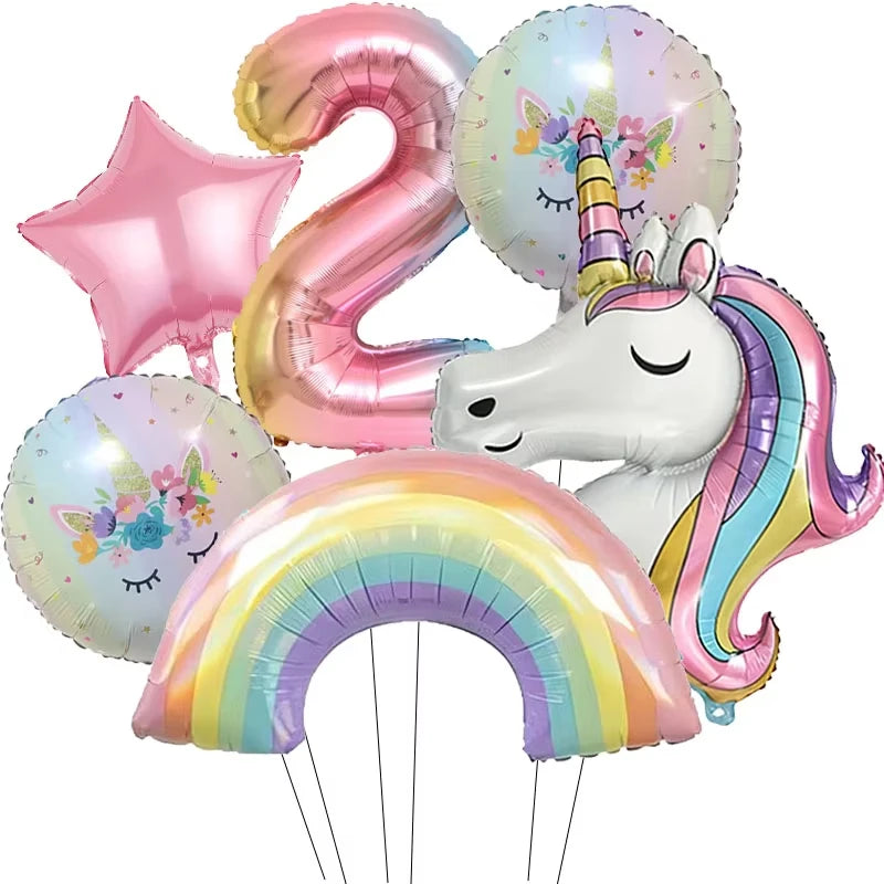 6pcs Rainbow Unicorn Aluminum Birthday Balloon Gradient Number Balloon Party Supplies Party Balloon Decoration Kit Baby Shower