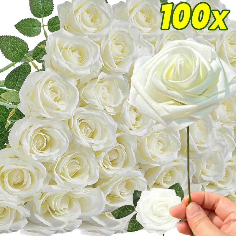 5/100pcs Artificial Fake Roses Heads with Stems Rose Flower and Green Leaves Valentine's Day Wedding Birthday Party Decoration