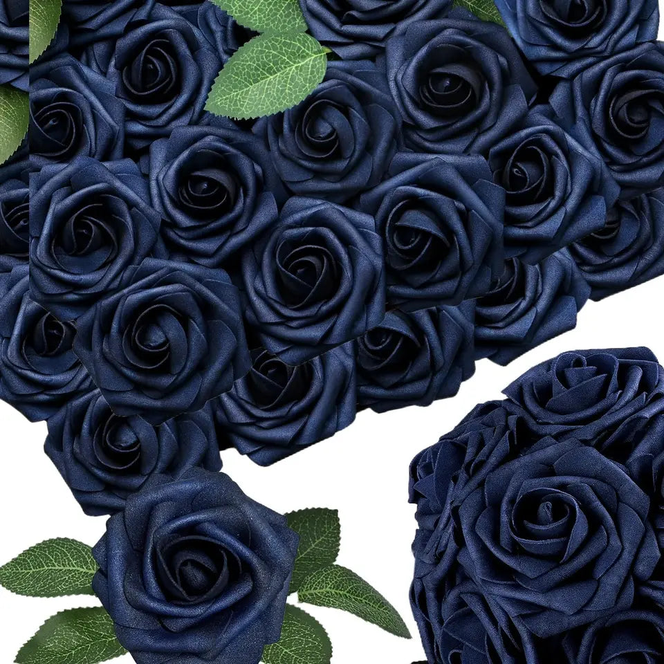 50pcs Navy Blue Artificial Flowers Decorations, Real Touch Foam Fake Rose with Stems 12 Leaves Real Looking Faux Roses f