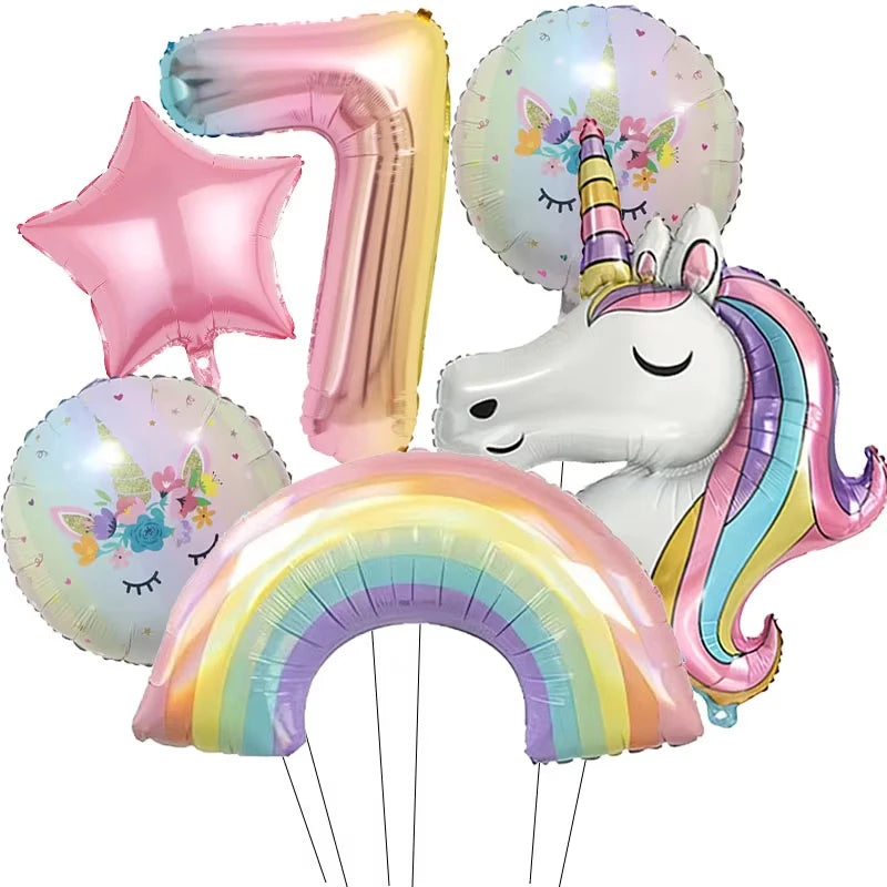 6pcs Rainbow Unicorn Aluminum Birthday Balloon Gradient Number Balloon Party Supplies Party Balloon Decoration Kit Baby Shower