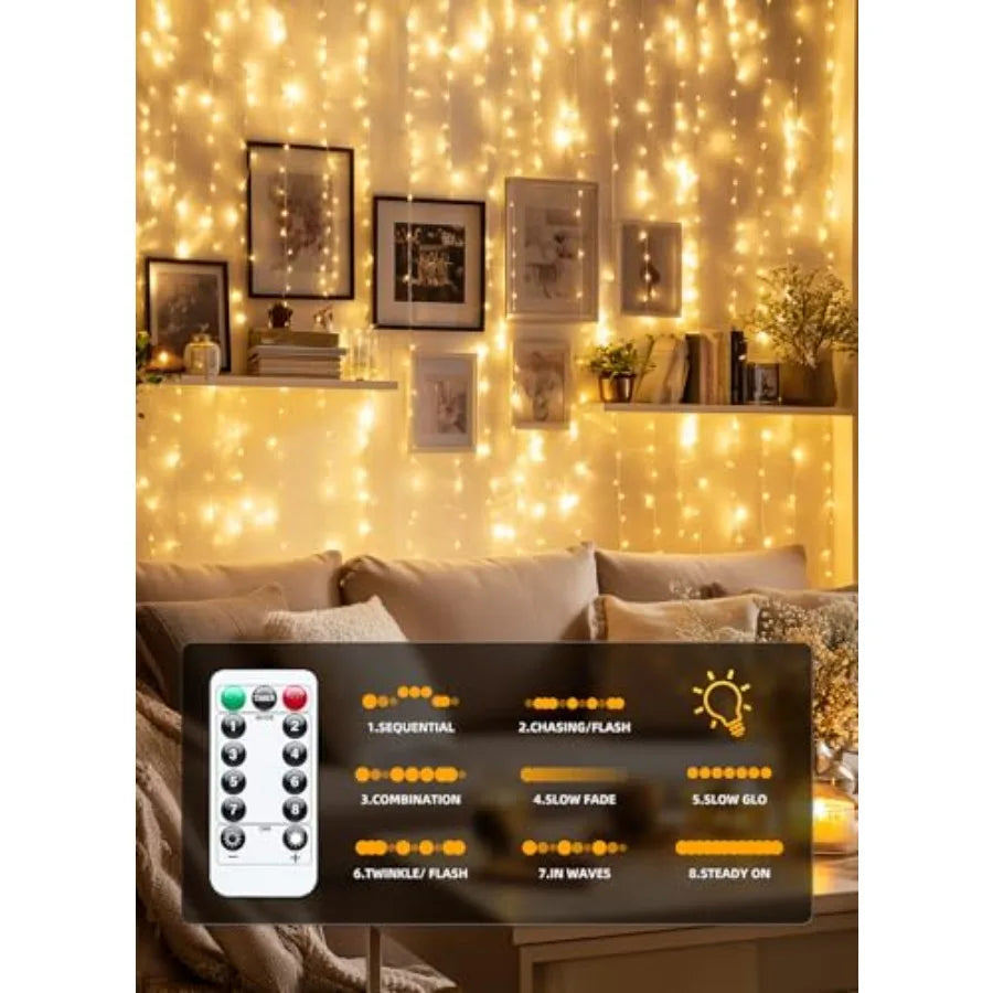 300 LED Fairy Curtain Lights, 9.8ft x 9.8ft Curtain String Lights, USB Plug in 8 Lighting Modes Christmas Decoration, Hanging L