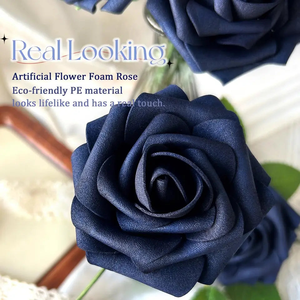 50pcs Navy Blue Artificial Flowers Decorations, Real Touch Foam Fake Rose with Stems 12 Leaves Real Looking Faux Roses f