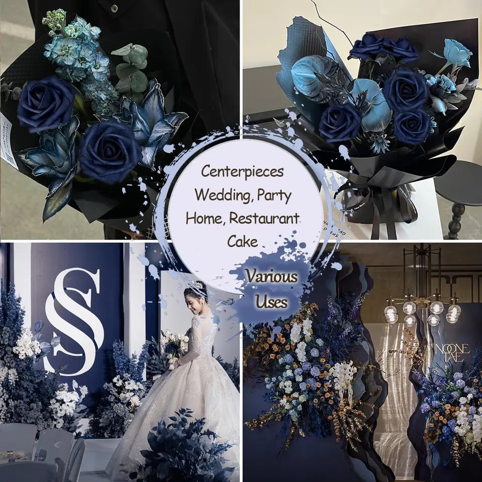 50pcs Navy Blue Artificial Flowers Decorations, Real Touch Foam Fake Rose with Stems 12 Leaves Real Looking Faux Roses f