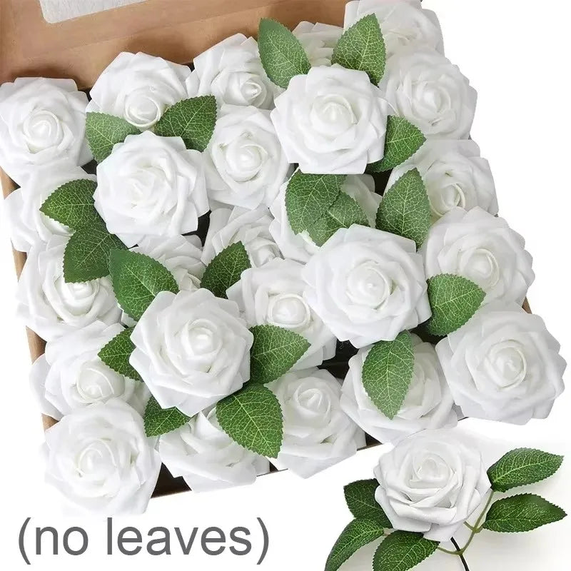 5/100pcs Artificial Fake Roses Heads with Stems Rose Flower and Green Leaves Valentine's Day Wedding Birthday Party Decoration