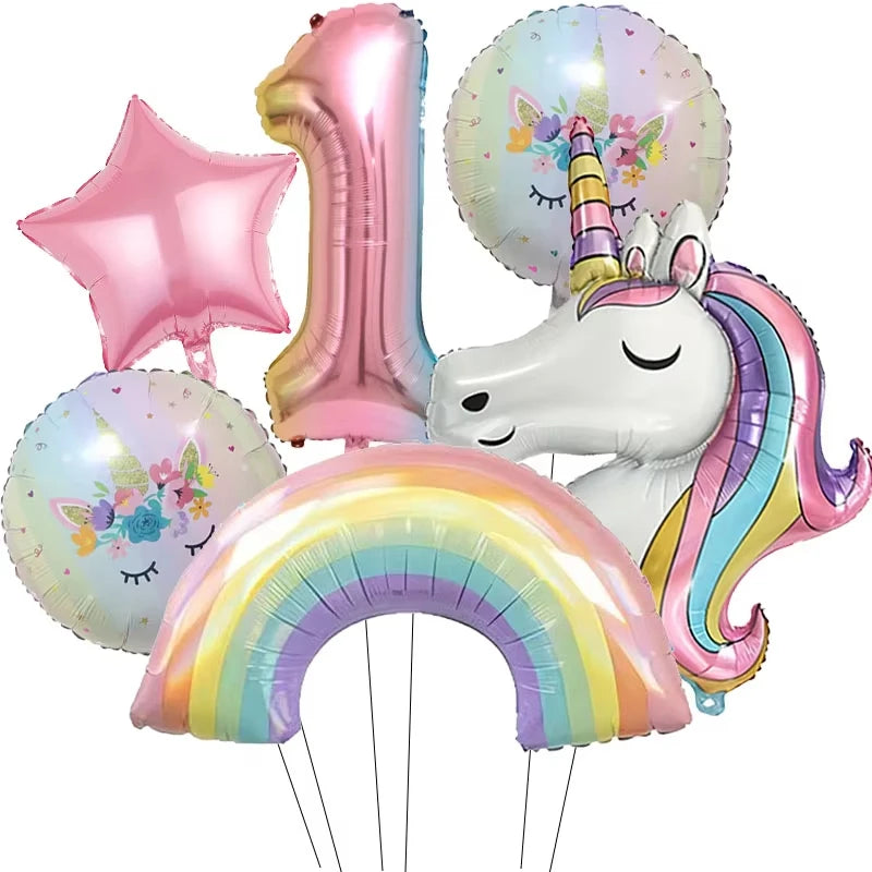 6pcs Rainbow Unicorn Aluminum Birthday Balloon Gradient Number Balloon Party Supplies Party Balloon Decoration Kit Baby Shower
