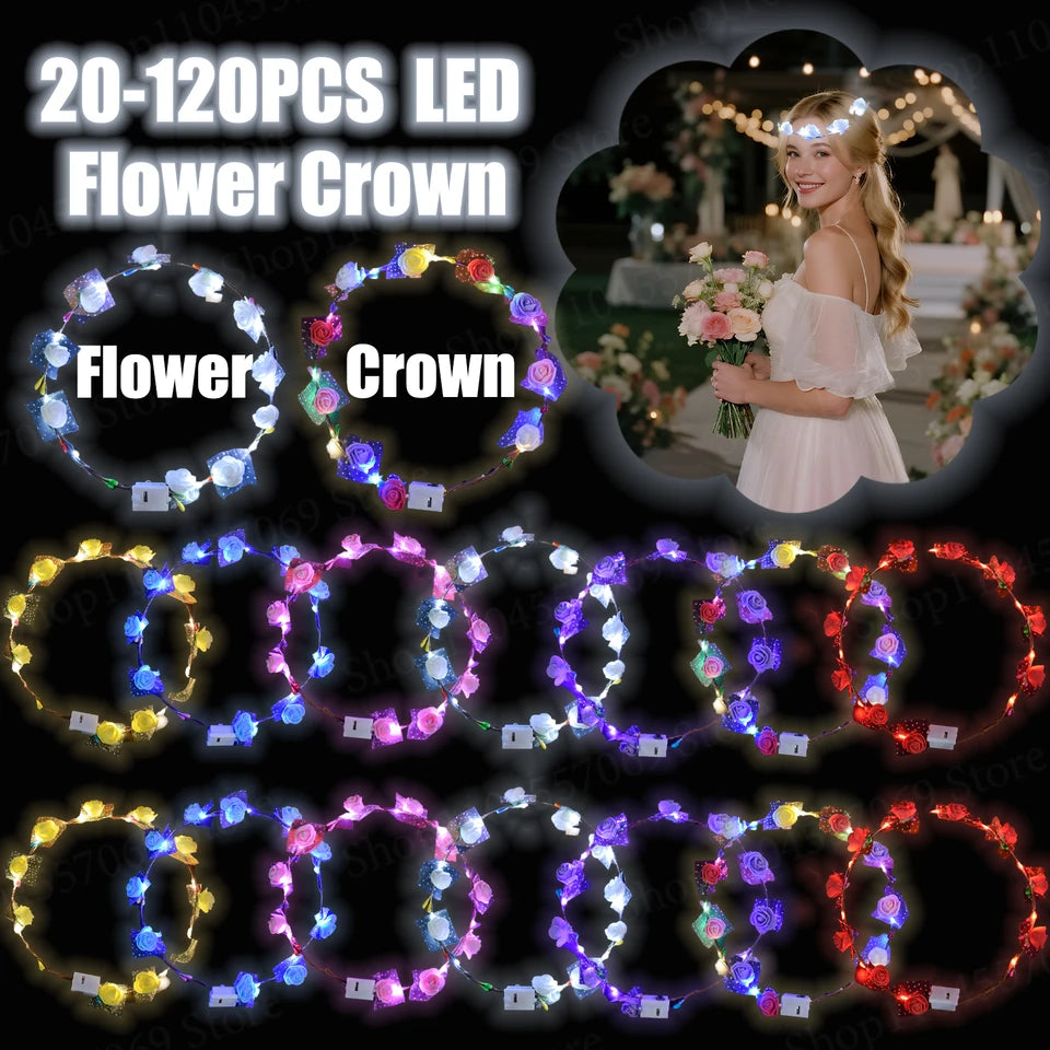 20-120Pcs LED Flower Crowns Headbands for Wedding light up Headbands Multicolor Light up Wreath Beach Party Birthday Supplies ﻿