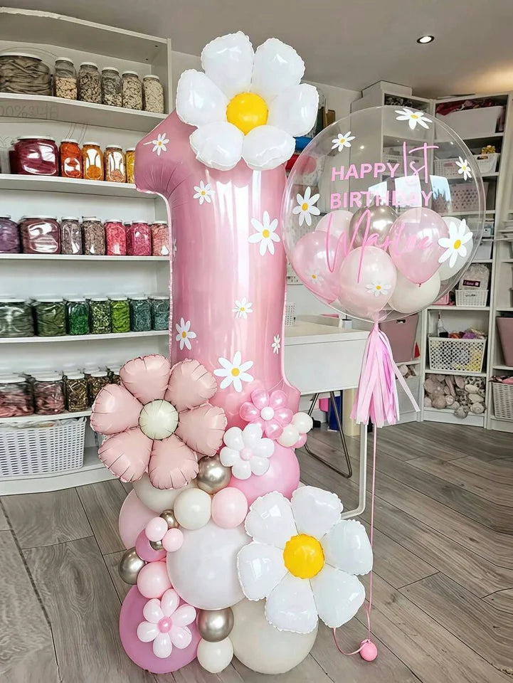 42pcs Daisy Pillar Balloon Set, Includes Oversized Pink Number Balloons, Sunflower Foil Balloons,For Birthday,Girls' Party