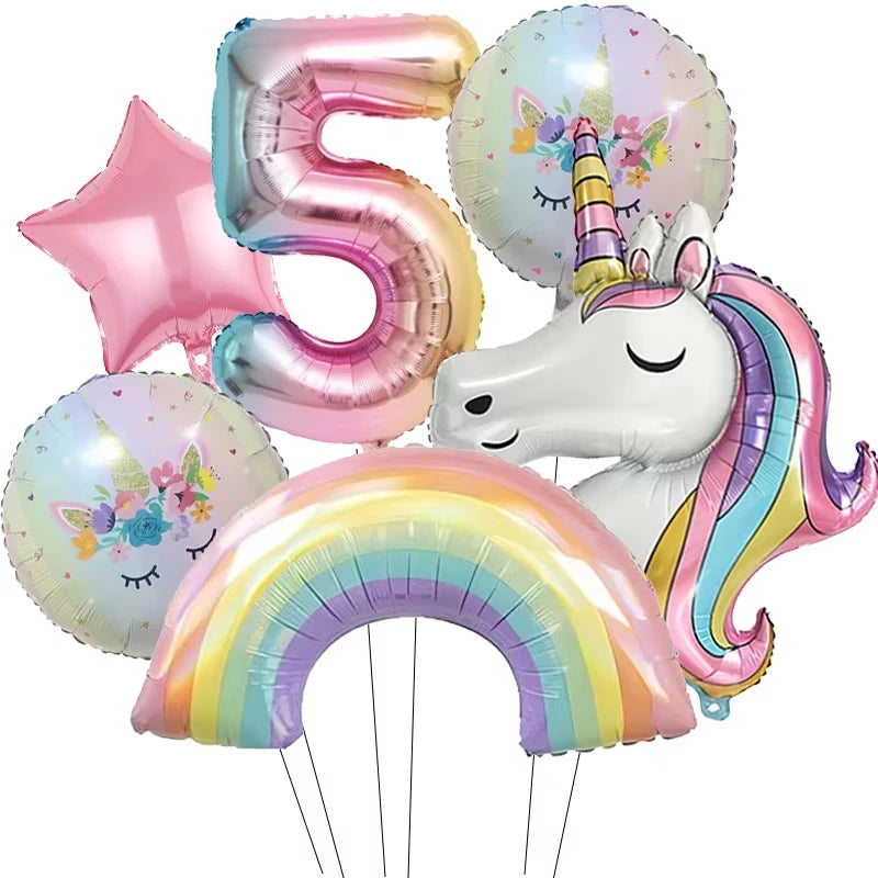 6pcs Rainbow Unicorn Aluminum Birthday Balloon Gradient Number Balloon Party Supplies Party Balloon Decoration Kit Baby Shower