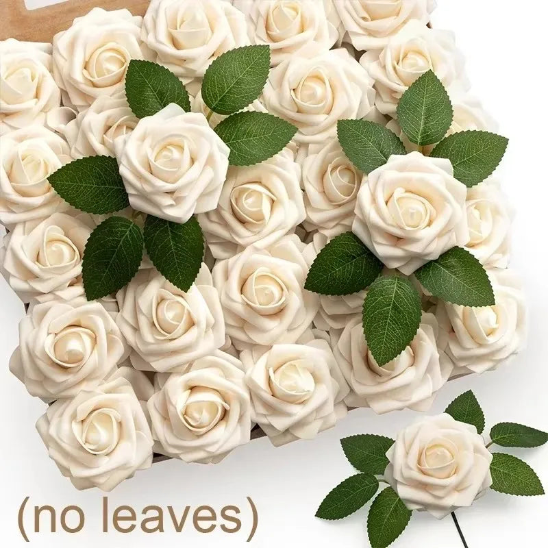 5/100pcs Artificial Fake Roses Heads with Stems Rose Flower and Green Leaves Valentine's Day Wedding Birthday Party Decoration