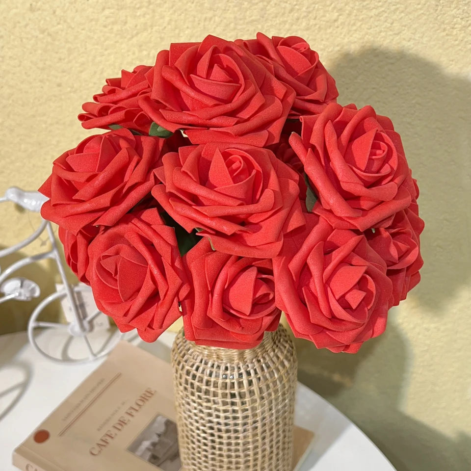5/100pcs Artificial Fake Roses Heads with Stems Rose Flower and Green Leaves Valentine's Day Wedding Birthday Party Decoration