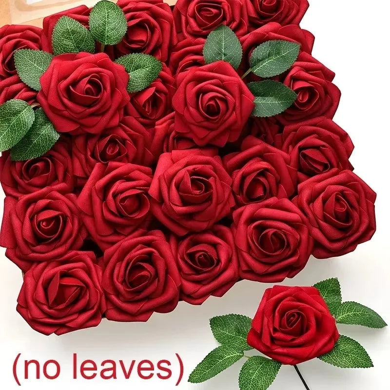 5/100pcs Artificial Fake Roses Heads with Stems Rose Flower and Green Leaves Valentine's Day Wedding Birthday Party Decoration