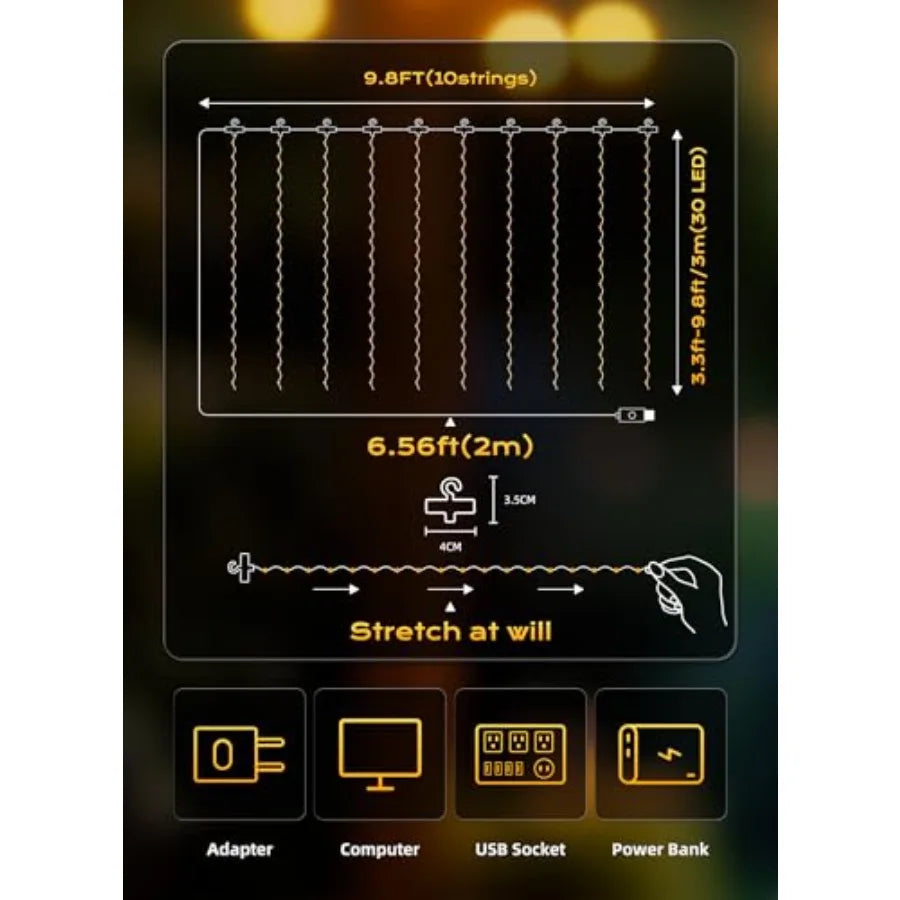 300 LED Fairy Curtain Lights, 9.8ft x 9.8ft Curtain String Lights, USB Plug in 8 Lighting Modes Christmas Decoration, Hanging L