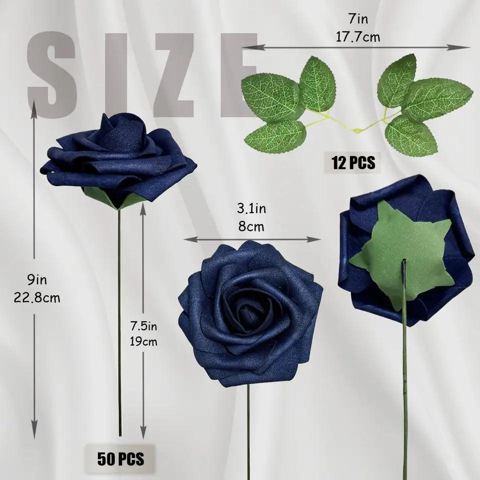 50pcs Navy Blue Artificial Flowers Decorations, Real Touch Foam Fake Rose with Stems 12 Leaves Real Looking Faux Roses f