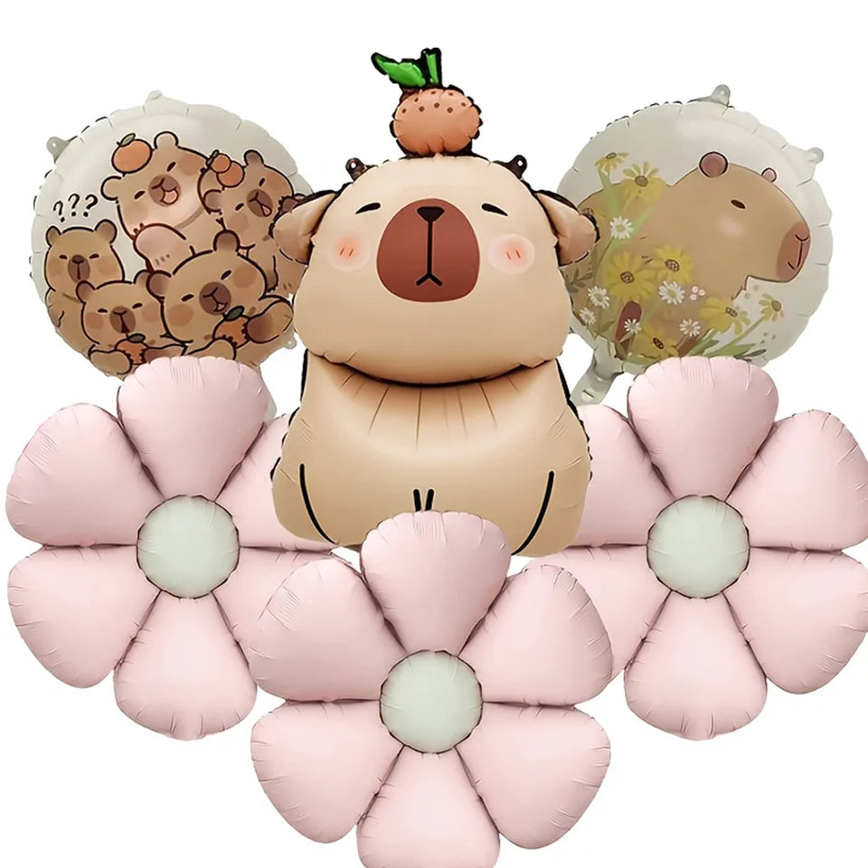 Cartoon Animal Capybara Flowers Aluminum Foil Balloon Set Child Birthday Party Decoration Foil Balloon Baby Shower Gift Supplies