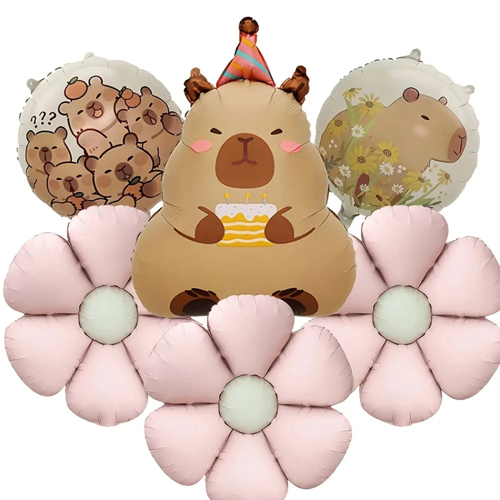 Cartoon Animal Capybara Flowers Aluminum Foil Balloon Set Child Birthday Party Decoration Foil Balloon Baby Shower Gift Supplies