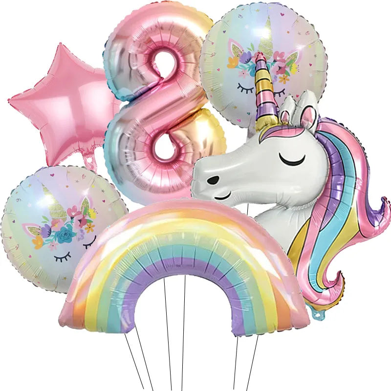 6pcs Rainbow Unicorn Aluminum Birthday Balloon Gradient Number Balloon Party Supplies Party Balloon Decoration Kit Baby Shower