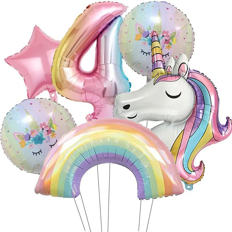 6pcs Rainbow Unicorn Aluminum Birthday Balloon Gradient Number Balloon Party Supplies Party Balloon Decoration Kit Baby Shower